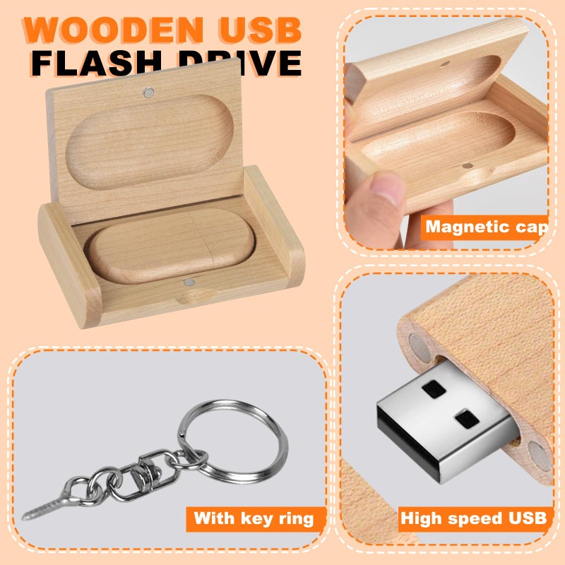Fire Stone Novelty Wooden USB 2.0 Flash Drive 64GB Data Storage Memory Stick USB Stick Ellipse Pendrive with Wooden Box - Image 4
